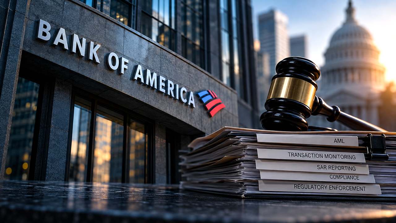 Editorial illustration representing Bank of America AML regulatory enforcement and compliance failures.