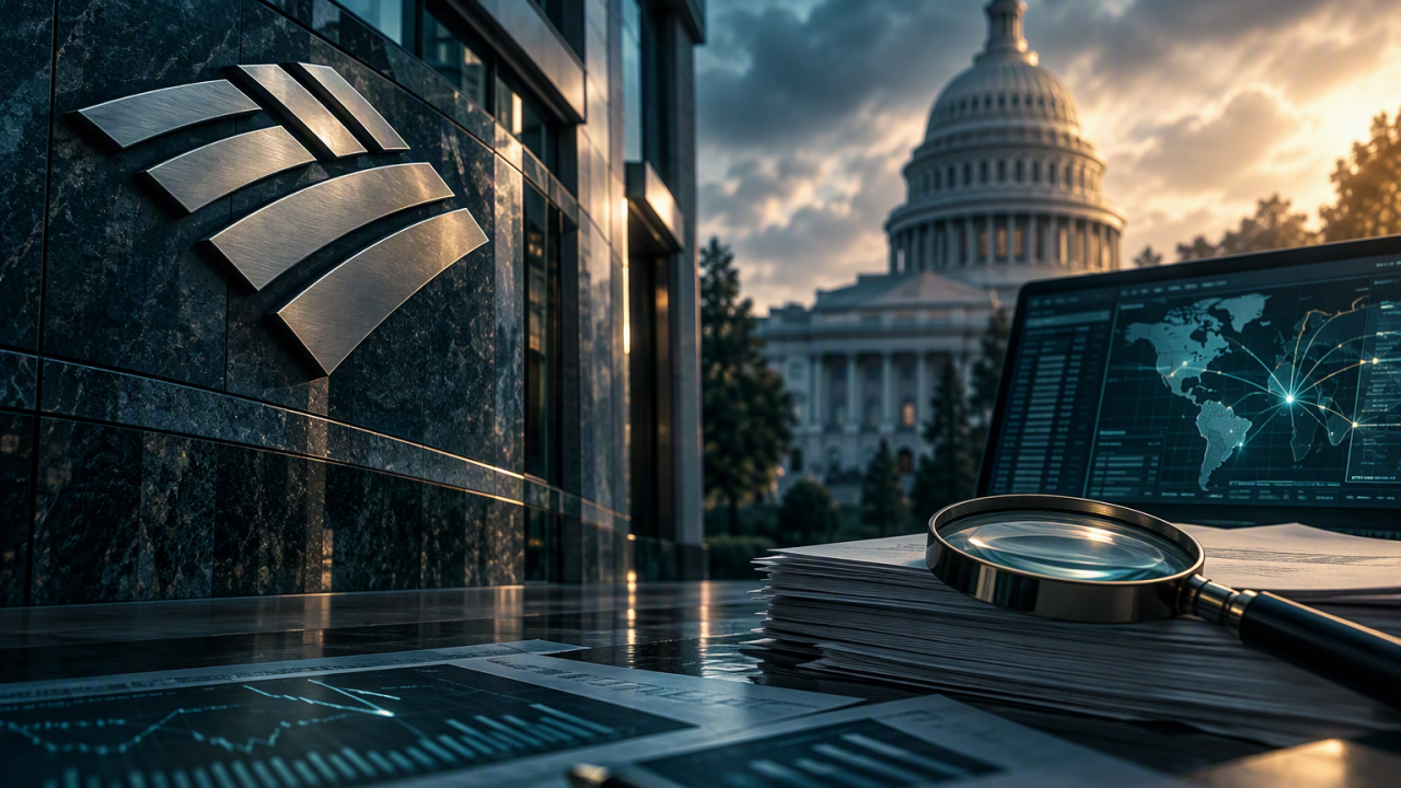 Editorial illustration representing Bank of America AML regulatory enforcement and compliance failures.
